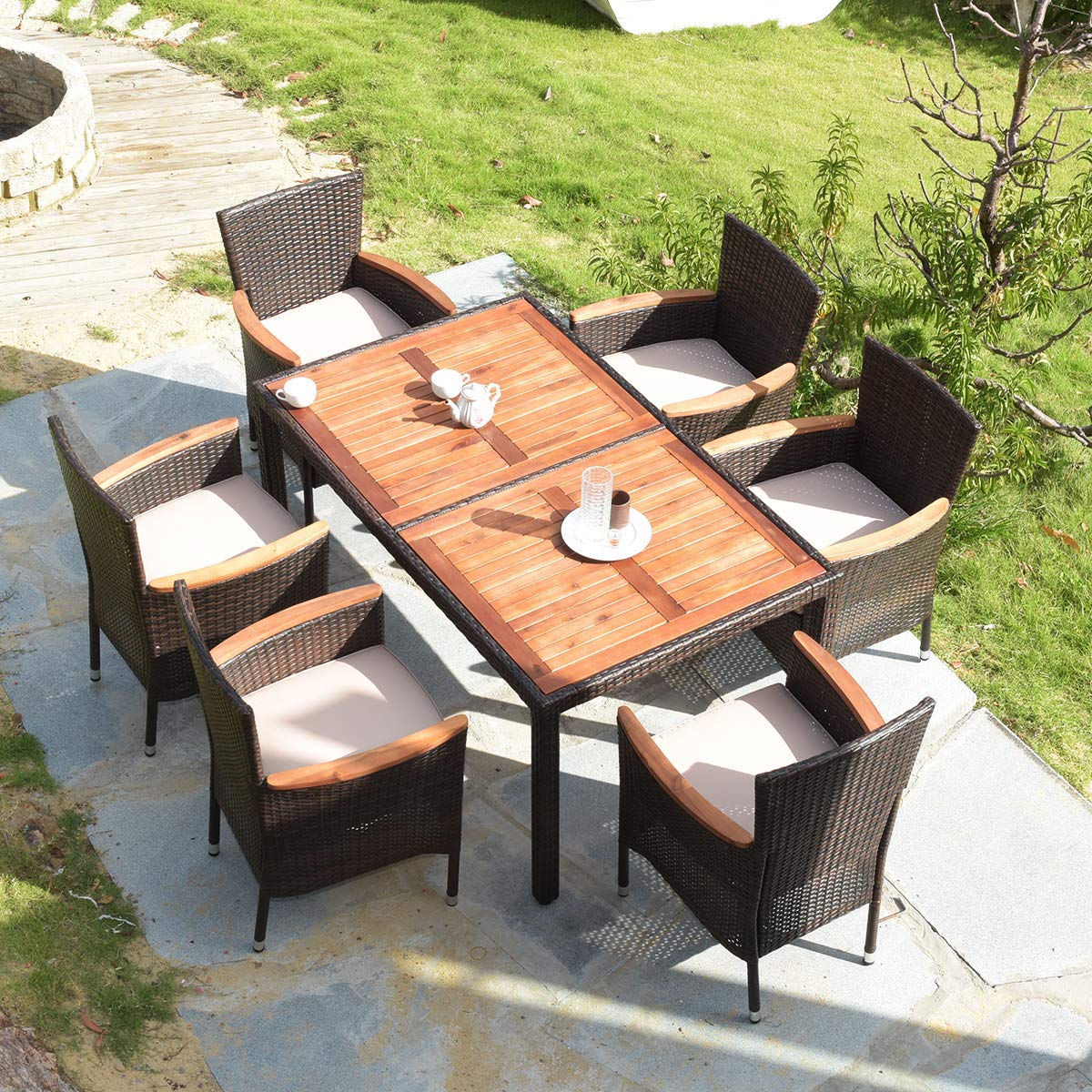 Tangkula 7 PCS Outdoor Patio Dining Set with Soft Cushion